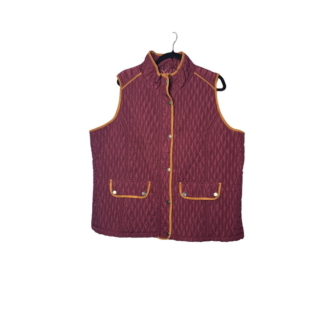 Mountain Ridge Womens Quilted Vest 2X Burgundy Tan Trim Diamond Stitch Country